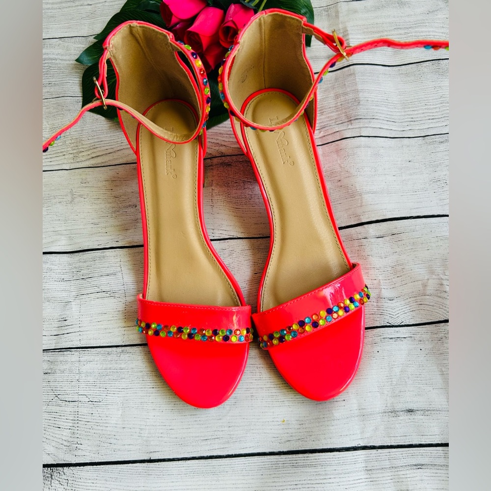 Lov Mark Women’s Orange Pink Rhinestone Block Heel Ankle Strap Sandals
